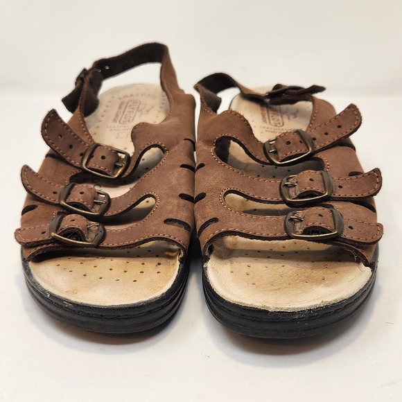 Fly Flot Brown Leather Multi Strap Comfort Sandals Size 39 US 8 Slingback Wedge - Picture 4 of 9